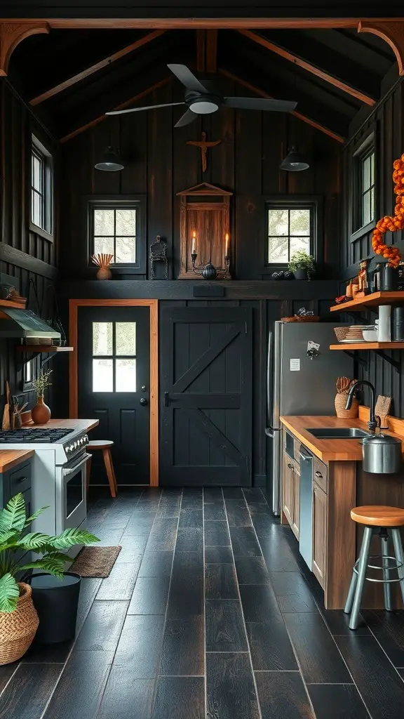 25+ Stunning Black Barndominium Designs You’ll Love 8 A stylish black barndominium kitchen featuring dark wooden walls, modern appliances, and warm wooden countertops.