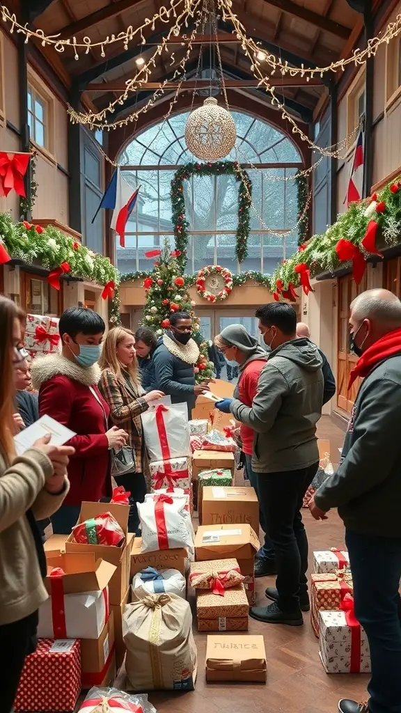 A festive gathering with people exchanging gifts and enjoying the holiday spirit.