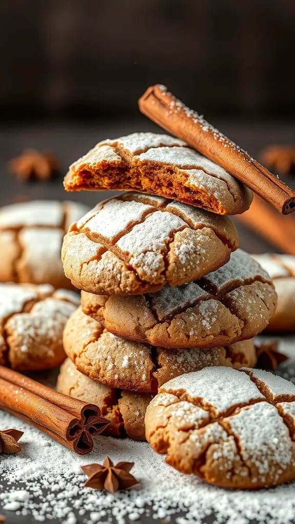 A stack of spiced molasses cookies with powdered sugar, cinnamon sticks, and star anise