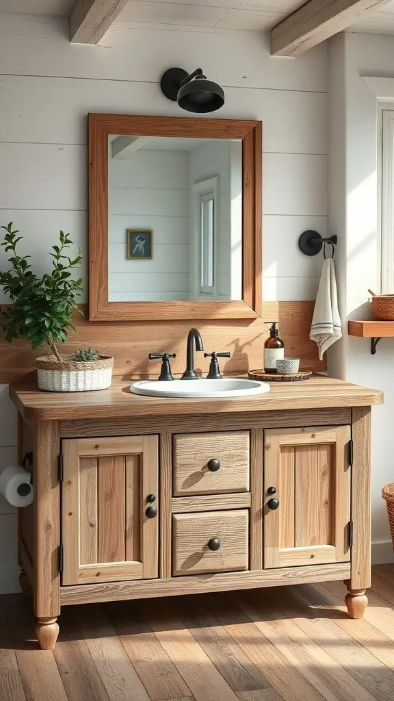 29+ Stunning Bathroom Vanity Ideas You’ll Love 6 A rustic wooden bathroom vanity with a round sink, black hardware, and a mirror above, set in a bright, cozy space.