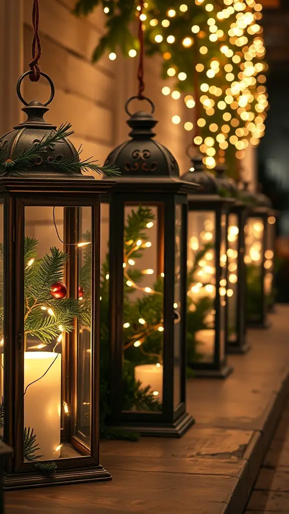 A row of rustic lanterns with greenery and lights, creating a festive atmosphere.