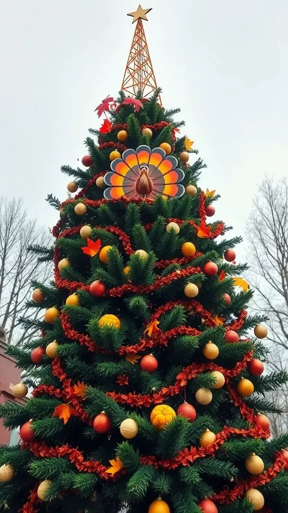 A Thanksgiving-themed Christmas tree with a turkey topper, adorned with colorful ornaments and autumn leaves.