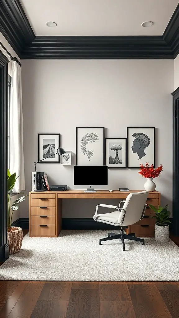 A modern workspace featuring light walls and dark trim, with a wooden desk, white chair, and decorative plants.