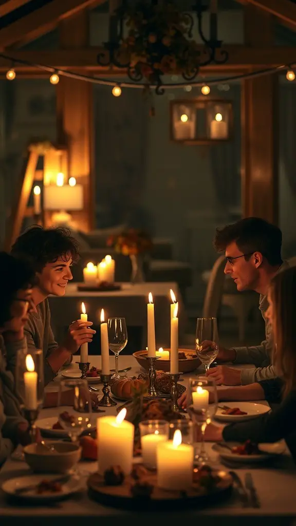 A warm candlelit gathering with friends and family around a dinner table.