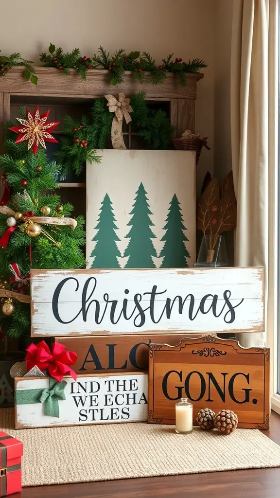 A collection of rustic Christmas signs with festive phrases and designs, displayed in a cozy holiday setting.
