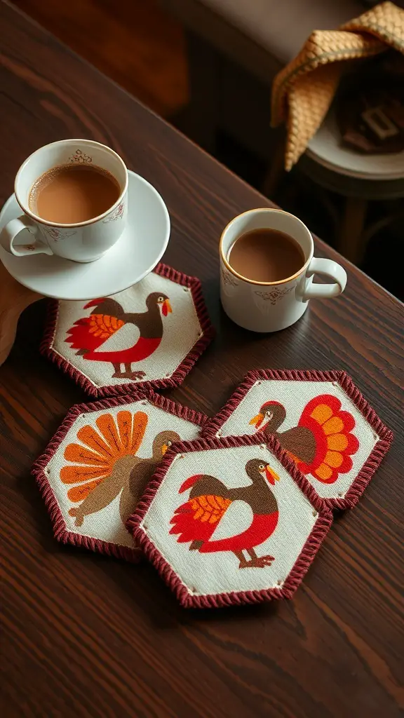 27+ Creative Turkey Crafts for Adults to Celebrate Thanksgiving 16 Hexagonal fabric coasters with turkey designs on a wooden table, accompanied by two cups of coffee.