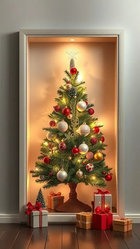 29+ Creative Wall Christmas Tree Ideas for a Festive Holiday Display 15 A light-up shadow box Christmas tree with ornaments and gifts