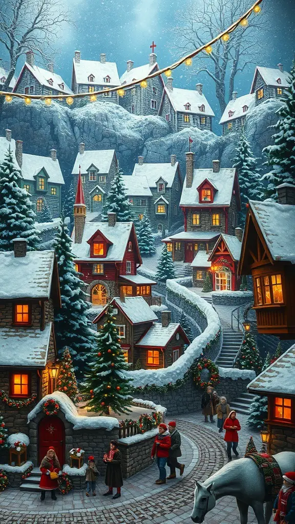 27+ Stunning Christmas Wall Art Ideas for a Festive Home 15 A picturesque snowy village scene decorated for Christmas, featuring charming houses, twinkling lights, and families enjoying the holiday spirit.
