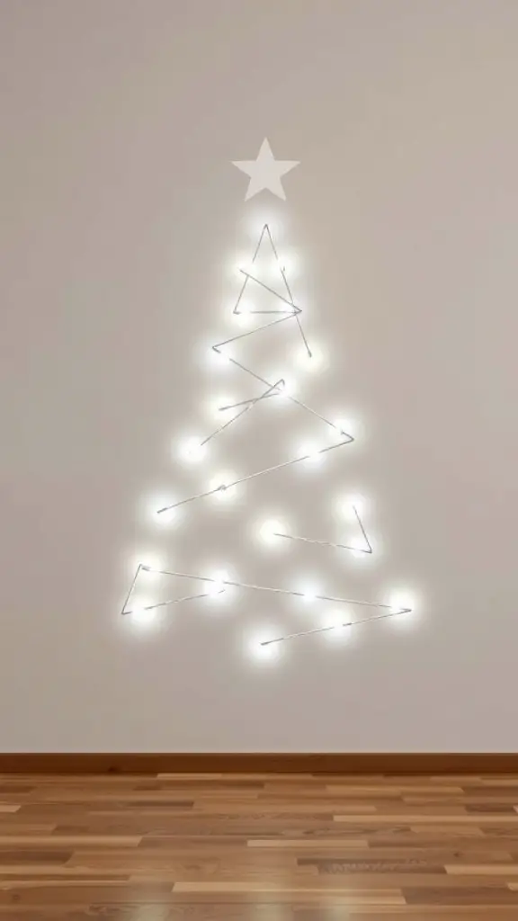 29+ Creative Wall Christmas Tree Ideas for a Festive Holiday Display 5 Minimalist wall Christmas tree design with string lights and a star on top