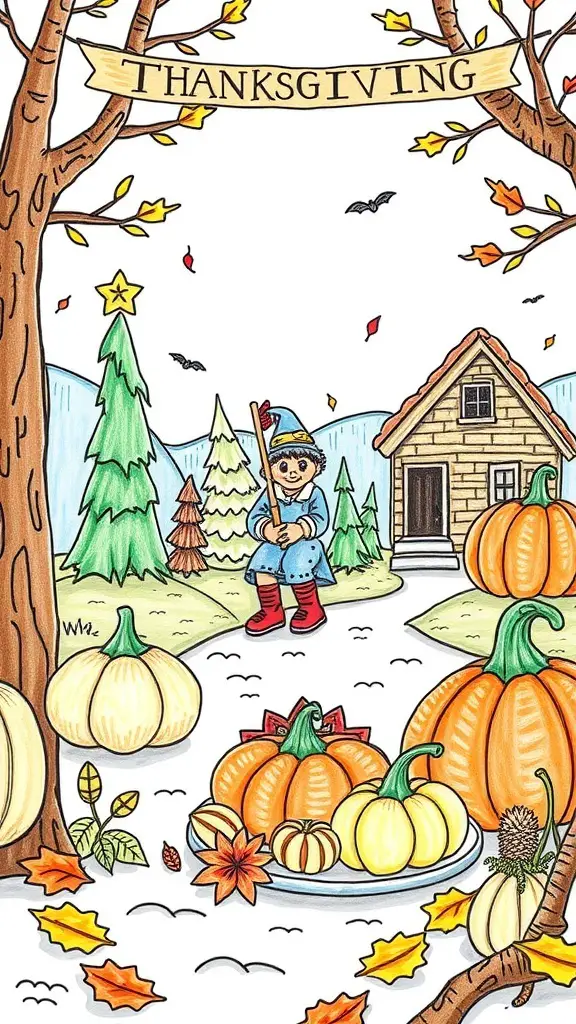 25+ Fun Thanksgiving Crafts for Toddlers to Create Together 12 A colorful Thanksgiving scene with a house, pumpkins, and trees, perfect for toddlers to color.