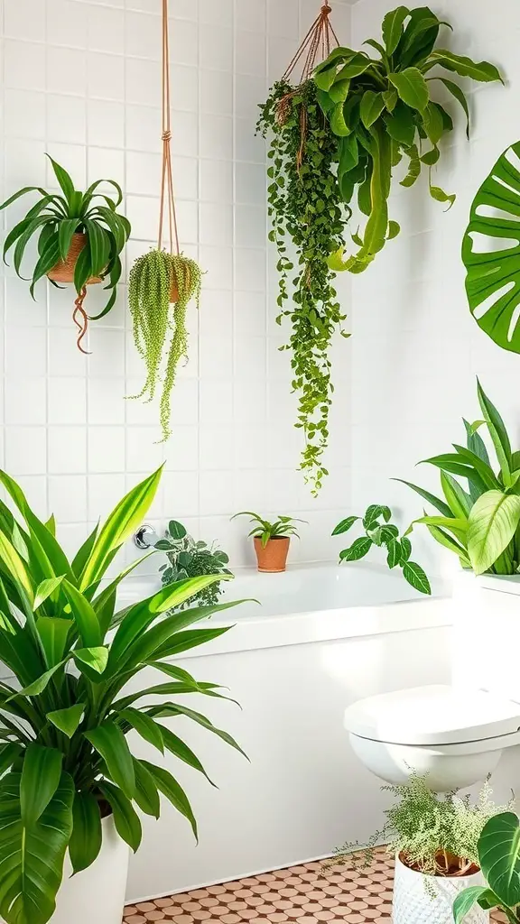 23+ Inspiring Green Bathroom Ideas for a Refreshing Makeover 3 A bright bathroom decorated with various indoor plants, including hanging ferns and potted greenery.