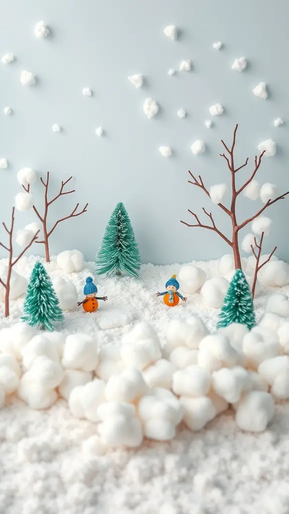 A winter scene made of cotton balls featuring two snowmen and green trees.