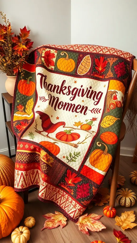 25+ Creative Thanksgiving Crafts for Adults 16 A colorful Thanksgiving-themed quilt featuring pumpkins, leaves, and a turkey, draped over a chair.