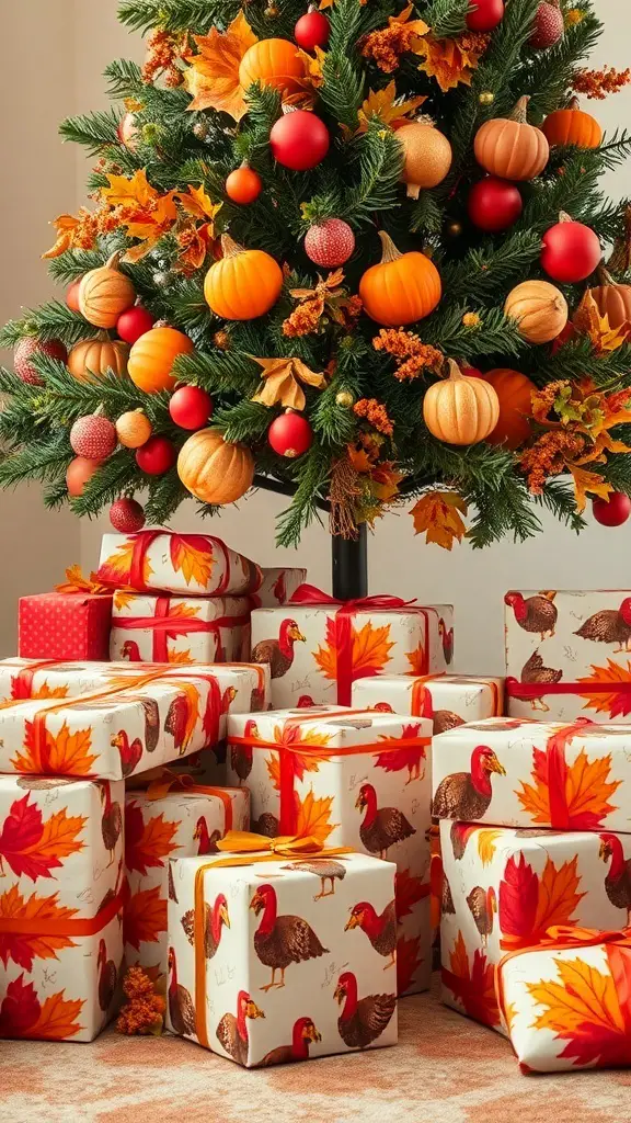 27+ Creative Turkey Crafts for Adults to Celebrate Thanksgiving 12 A collection of beautifully wrapped gifts with turkey and autumn leaf designs, arranged under a decorated tree.