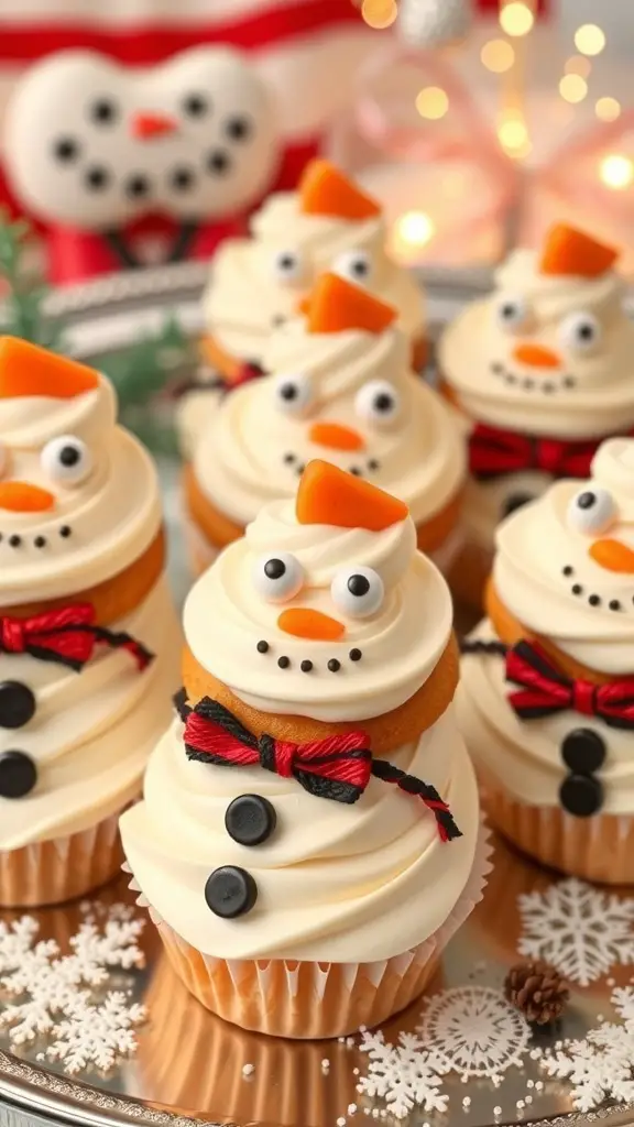 A plate of snowman cupcakes decorated with frosting, candy eyes, and orange noses.