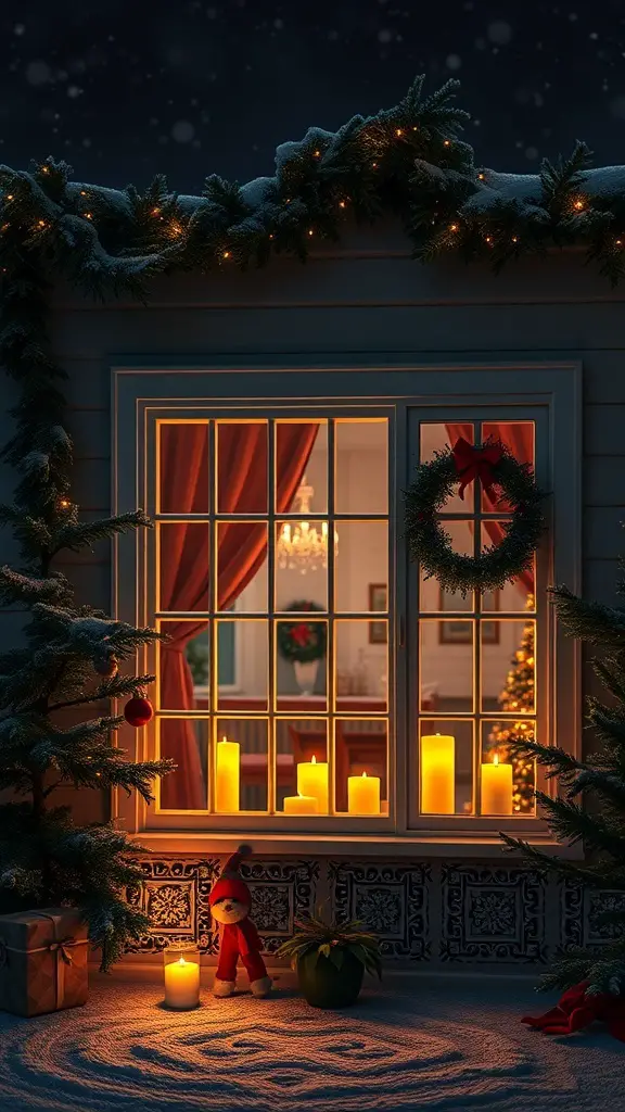 A cozy window display with candles, a wreath, and holiday decorations.