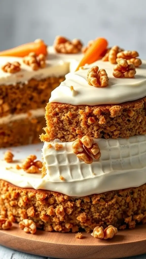 A delicious carrot cake with cream cheese icing, topped with walnuts and carrot decorations.