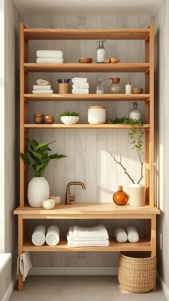 29+ Inspiring Boho Bathroom Shelf Decor Ideas to Transform Your Space 7 A wooden bathroom shelf decorated with towels, plants, and various containers.