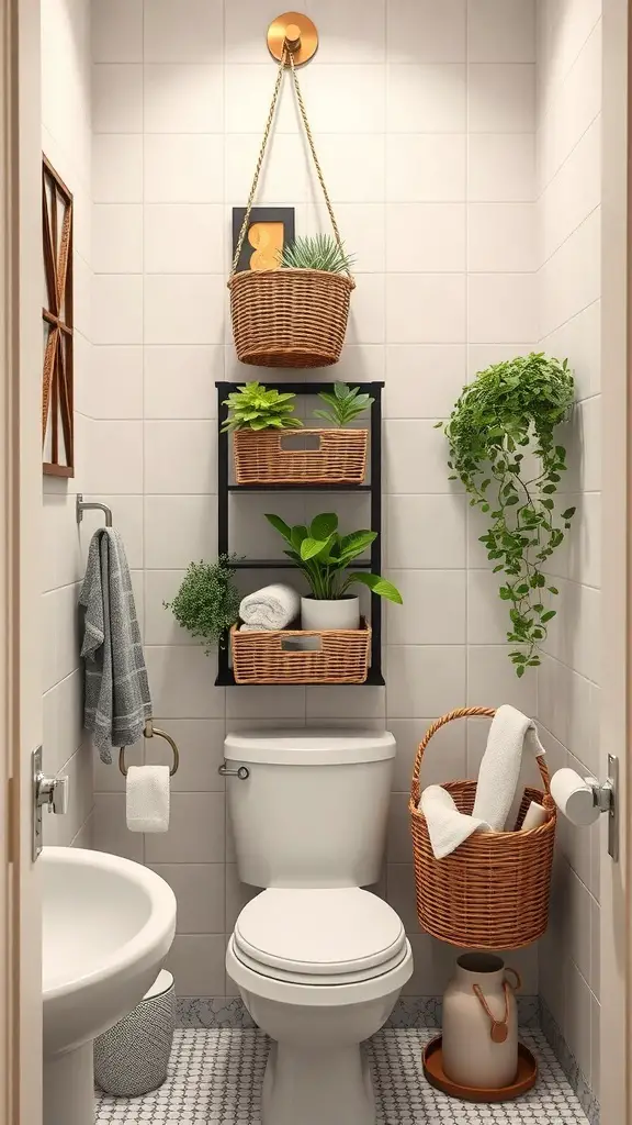 25+ Stylish Bathroom Wall Basket Ideas for Every Space 11 A bathroom featuring tiered hanging baskets for storage, with plants and towels.