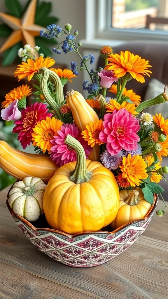 A vibrant centerpiece featuring colorful flowers and various gourds in a decorative bowl.