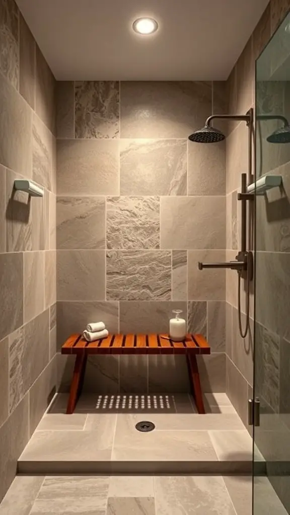 25+ Inspiring Small Walk-In Shower Ideas to Maximize Your Space 4 Small walk-in shower with natural stone accents and a wooden bench