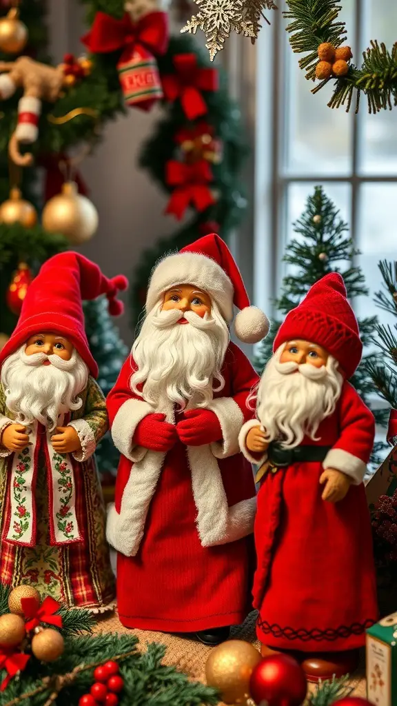 Three vintage Santa figurines in festive attire surrounded by holiday decorations