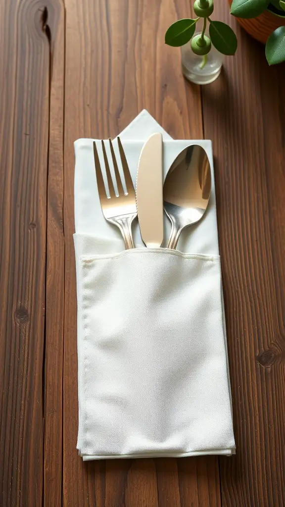A neatly folded white napkin with a pocket holding a fork, knife, and spoon, placed on a wooden table.