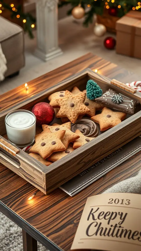 25+ Creative Christmas Coffee Table Decor Ideas to Elevate Your Holiday Style 6 A rustic wood tray filled with star-shaped cookies, chocolates, and a glass of milk on a coffee table.
