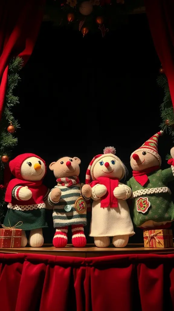 A group of holiday themed puppets on a stage, showcasing festive designs.