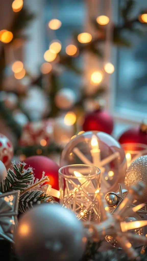 A festive arrangement of glass and crystal Christmas decorations with warm candlelight.