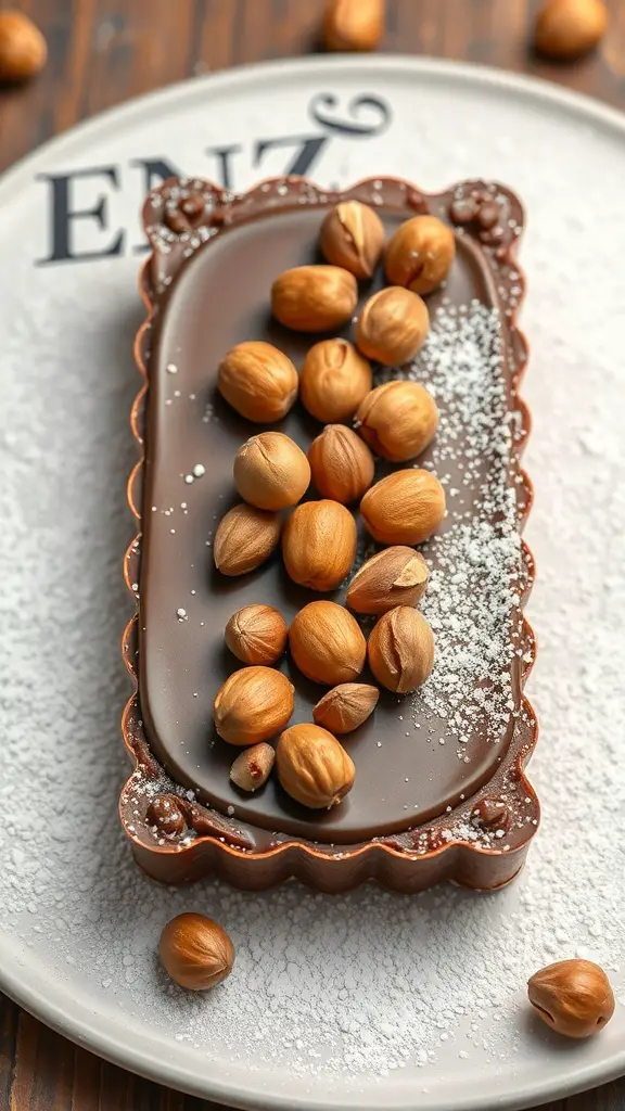 25+ Delicious Thanksgiving Desserts Perfect for a Crowd 16 A chocolate hazelnut tart topped with hazelnuts and powdered sugar on a plate.