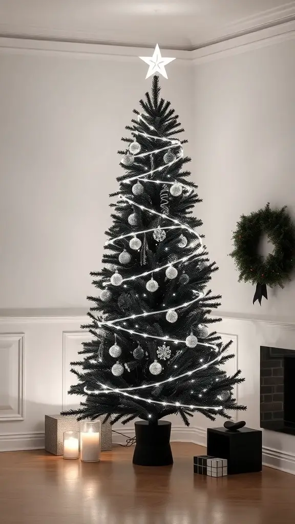 27+ Stunning Black Christmas Tree Ideas to Elevate Your Holiday Decor 5 A minimalist black Christmas tree with white lights and silver ornaments, set in a cozy room.