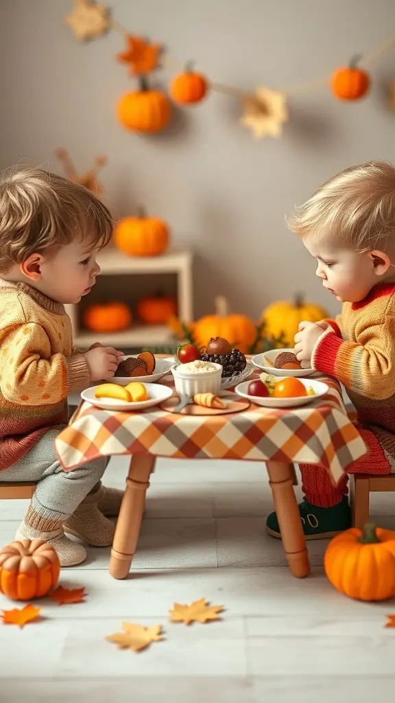 Two toddlers enjoying a mini Thanksgiving feast at a small table decorated with pumpkins and autumn leaves.