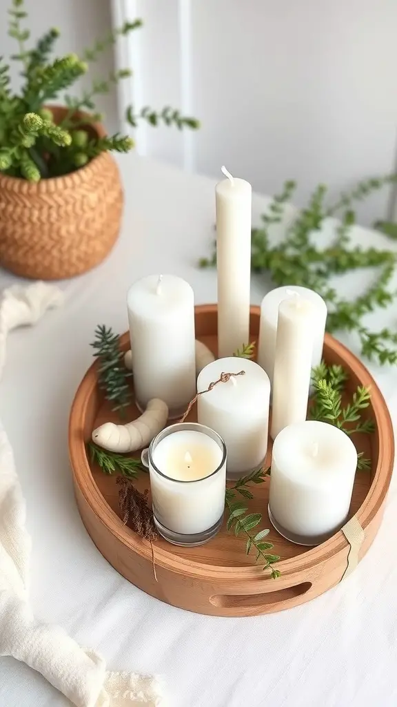 A wooden tray with white candles and greenery, showcasing a minimalist Scandinavian style.