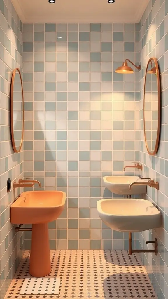 27+ Stunning Mid Century Modern Bathroom Ideas You'll Love 15 Mid-century modern bathroom with unique sink designs featuring an orange sink and a white sink against blue tiled walls.