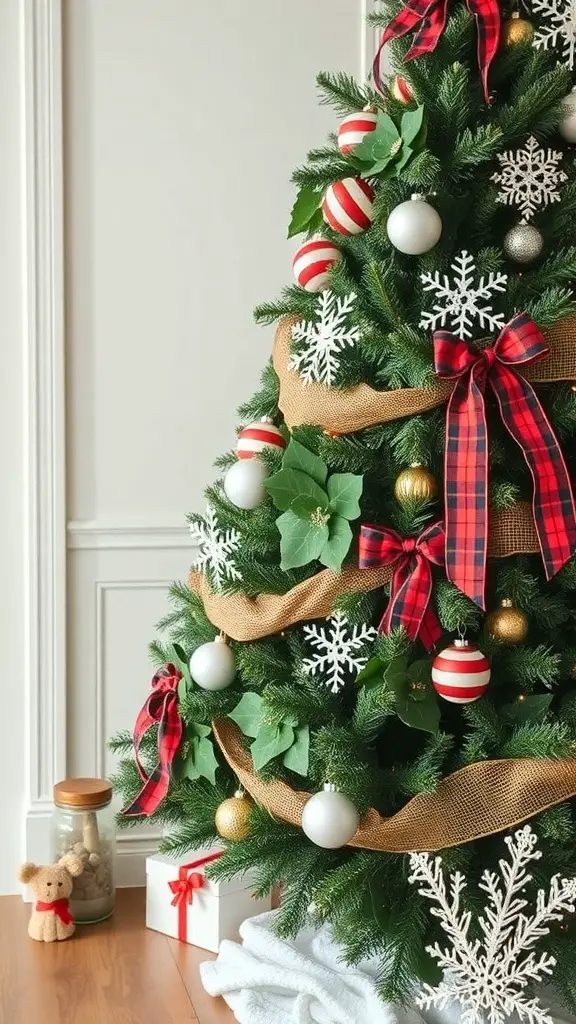 A beautifully decorated Christmas tree in rustic red and white farmhouse style, featuring striped baubles, burlap ribbons, and snowflake ornaments.