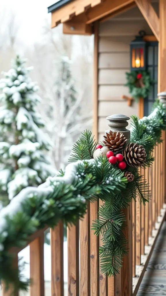 27+ Creative Indoor Christmas Railing Decor Ideas 6 A rustic wooden railing decorated with greenery, pinecones, and red ornaments, set against a snowy background.