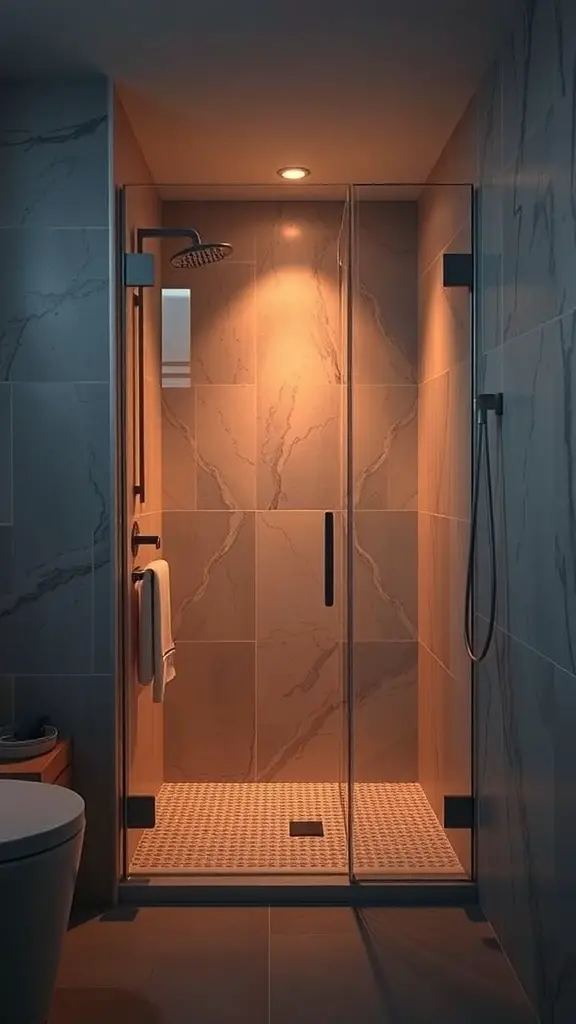 25+ Stunning Walk-In Shower Ideas with No Doors for a Sleek Bathroom Design 15 A walk-in shower with warm lighting and modern design