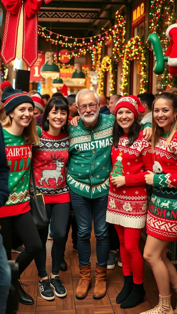 23+ Festive Christmas Event Ideas for a Joyous Celebration 6 A group of people wearing colorful and festive ugly Christmas sweaters, smiling and posing together.