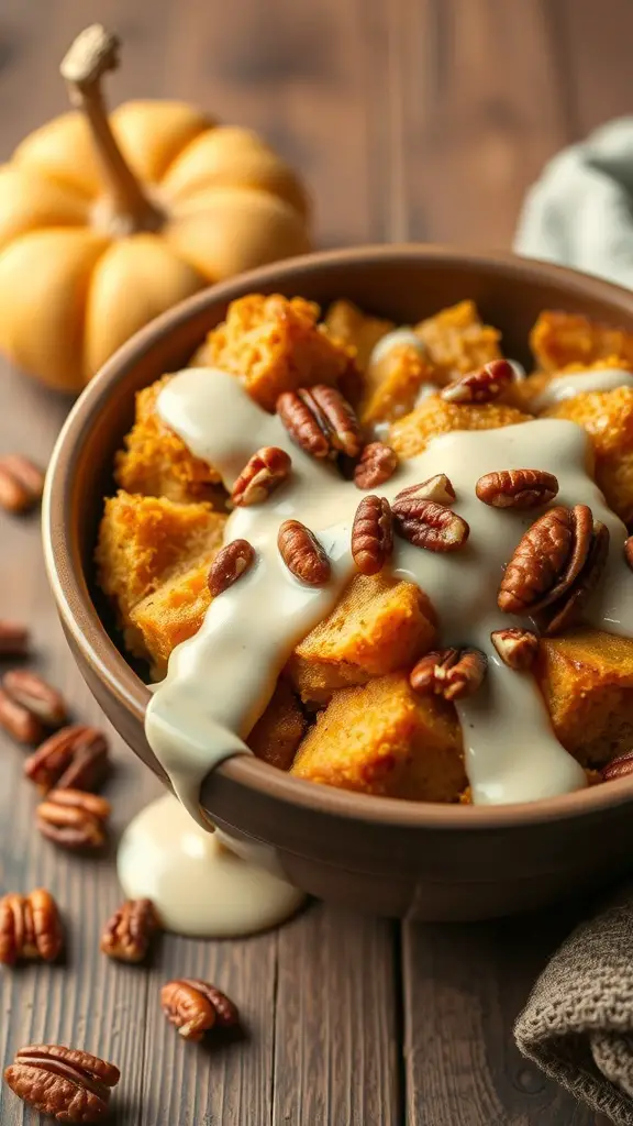 27+ Delightful Thanksgiving Desserts You Need to Try 8 A bowl of maple pumpkin bread pudding topped with pecans and drizzled with cream, with a small pumpkin in the background.
