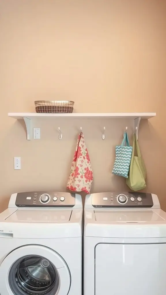 27+ Creative Over Washer and Dryer Shelf Ideas for a Stylish Laundry Room 8 Wall-mounted shelf with hooks above a washer and dryer, featuring a basket and colorful bags.