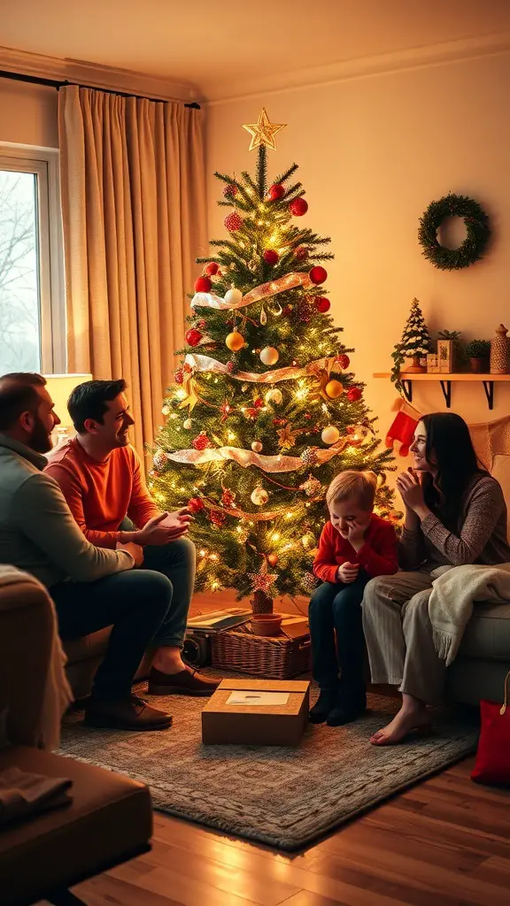 A cozy living room with a decorated Christmas tree and a family gathered around it, enjoying the holiday spirit.