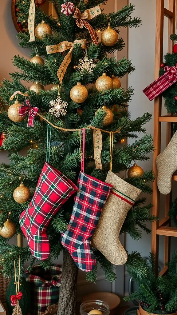 Three rustic Christmas stockings hanging from a decorated tree, featuring plaid patterns and natural elements.