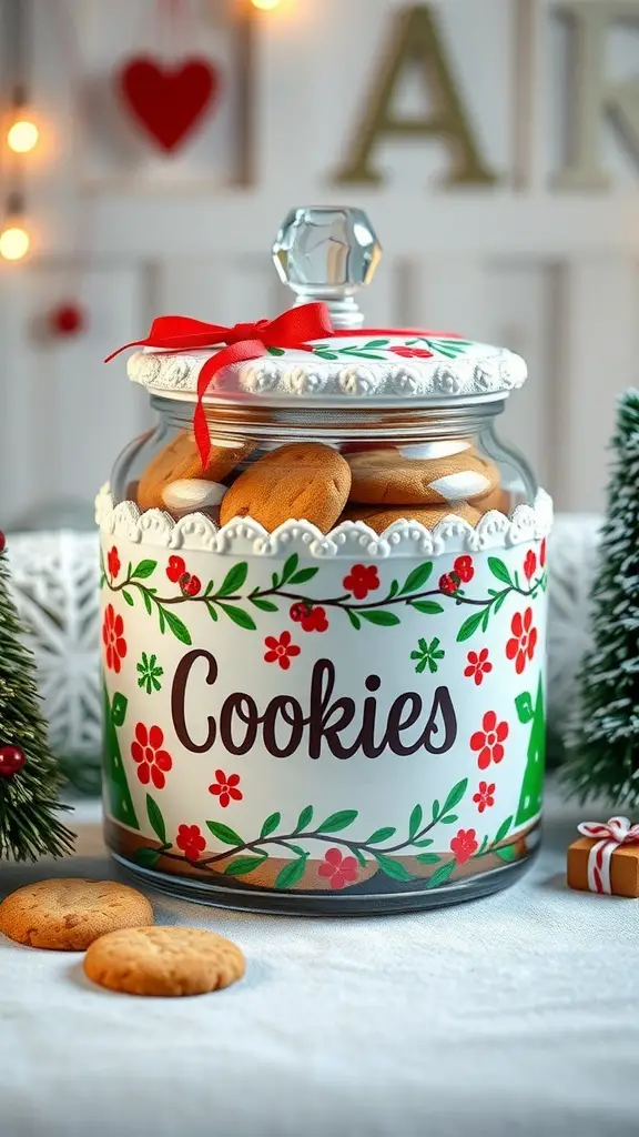 A decorative Christmas cookie jar filled with cookies, surrounded by festive decorations.
