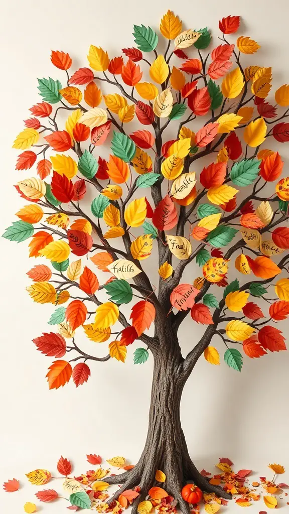 A colorful Thankful Tree with leaves representing things to be thankful for.