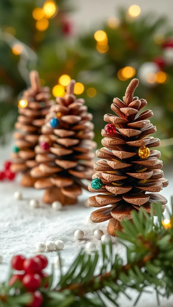 Pine cone Christmas trees decorated with colorful beads and lights