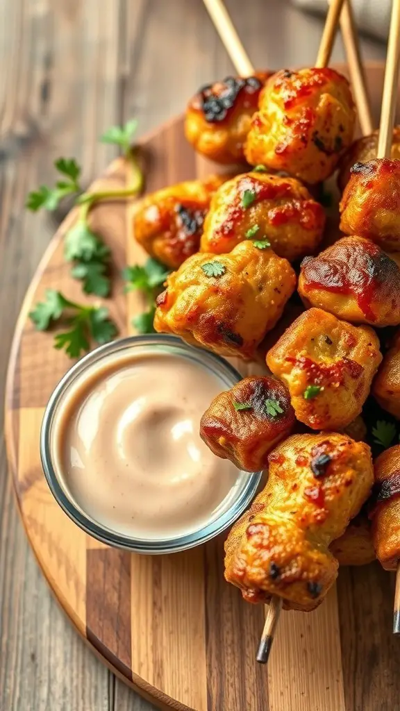 A plate of crispy chicken skewers served with a dipping sauce