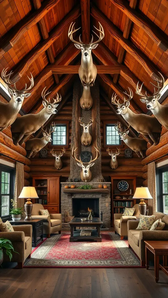 27+ Stunning Deer Mount Wall Arrangements for Every Home 13 A cozy hunting lodge interior featuring multiple deer mounts on the wall, wooden beams, and comfortable seating.