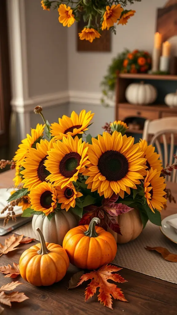 A beautiful autumn centerpiece featuring sunflowers and pumpkins on a wooden table.