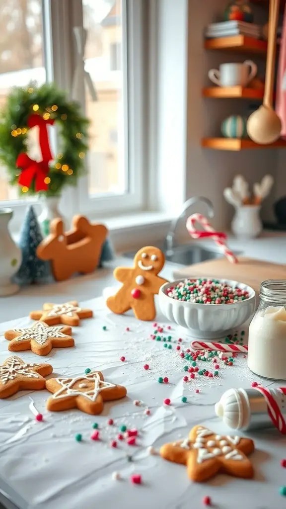 A gingerbread cookie station with decorated cookies, sprinkles, and festive decorations.